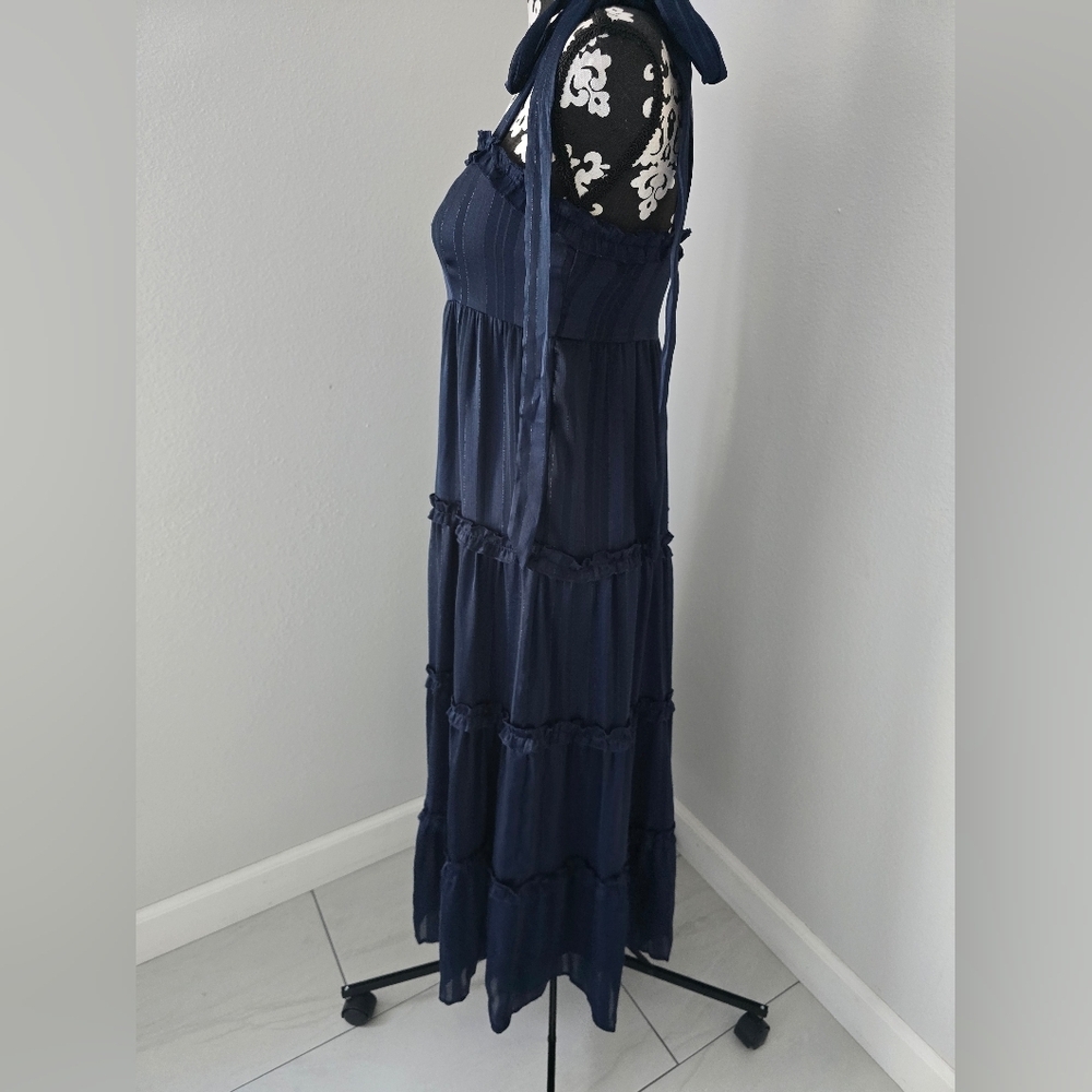 Lulus Day for Romance Navy Blue Tie-Strap Tiered Midi Dress size S - Picture 9 of 16